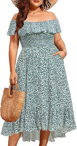 فساتين صيفية بمقاسات كبيرة من Pinup Fashion - فستان بوهو كاجوال مكشكش مكشوف الأكتاف ومرتفع ومنخفض مع جيوب in Kuwait