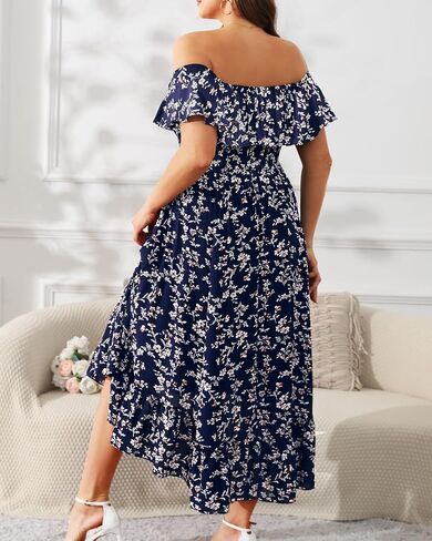 فساتين صيفية بمقاسات كبيرة من Pinup Fashion - فستان بوهو كاجوال مكشكش مكشوف الأكتاف ومرتفع ومنخفض مع جيوب in Kuwait