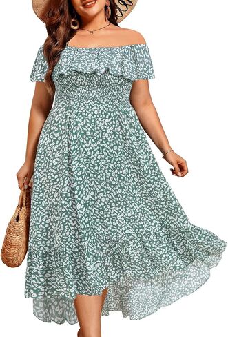 فساتين صيفية بمقاسات كبيرة من Pinup Fashion - فستان بوهو كاجوال مكشكش مكشوف الأكتاف ومرتفع ومنخفض مع جيوب in Kuwait
