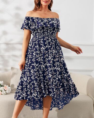 فساتين صيفية بمقاسات كبيرة من Pinup Fashion - فستان بوهو كاجوال مكشكش مكشوف الأكتاف ومرتفع ومنخفض مع جيوب in Kuwait