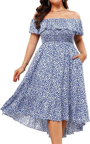 فساتين صيفية بمقاسات كبيرة من Pinup Fashion - فستان بوهو كاجوال مكشكش مكشوف الأكتاف ومرتفع ومنخفض مع جيوب in Kuwait