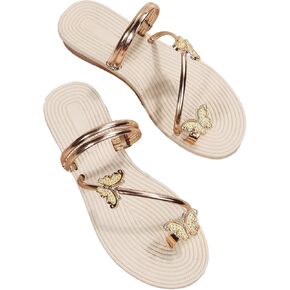 GORGLITTER Women's Butterfly Metallic Sandals Dressy Sparkly Rhinestone Strappy Toe Ring Slide Flats Sandal