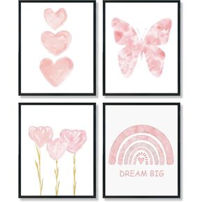 ULEGIE Toddler Girl Room Decor, Pink Girls Room Nursery Dream Big Wall Art Prints Set of 4, Watercolor Pink Butterfly Rainbow Floral Posters Decor for Toddler Baby Room, 8x10 Inch Unframed