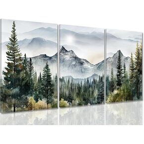 Dytila Framed Green Mountain Wall Art Set of 3, Misty Forest Pictures Wall Decor Neutral Nature Paintings Modern landscape Canvas Prints Sunrise Artwork for Living Room Office Hallway 12x16 in