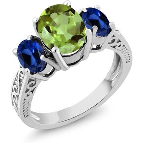 Gem Stone King 925 Sterling Silver Green Peridot and Blue Created Sapphire 3 Stone Ring For Women (2.71 Cttw, Gemstone Birthstone, Available In Size 5, 6, 7, 8, 9)