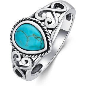 Boho Turquoise Stone Ring for Women 925 Sterling Silver Oxidized Pear Shaped Celtic Western Ring Gift for Her Wife Mom