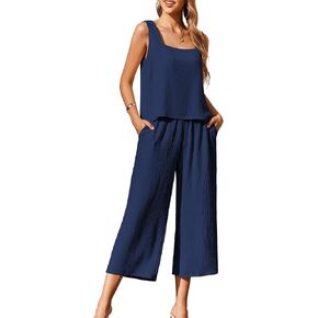Ekouaer Women's Pajamas Set Sleeveless Lounge Sets Square Neck Tank Top Wide Leg Pants Matching Sets