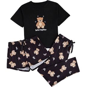 Women's 3 Piece Pajama Set Cartoon Bear Print Crewneck Short Sleeve Tee Top and Shorts Pants Pajama Set Pjs Sleepwear