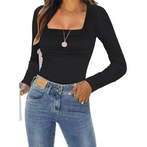 Womens Long Sleeve Shirts 2025 Sexy Ruched Square Neck Tops Trendy Double Lined Fitted Top Blouses Outfits