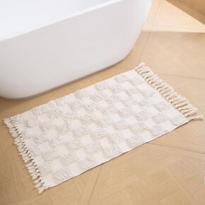 Bathroom Rug Mat 2x3, Bath Mats Absorbent Washable Cotton Soft Boho Checkered Shower Rugs for Bath Room Floor Decor, Sink, Tub (Yellow&White)