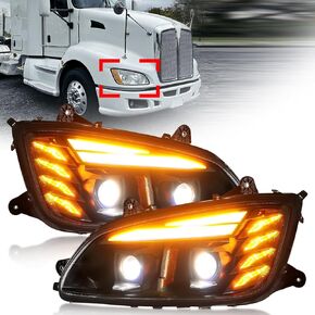 Full LED Performance Headlights Assembly With White DRL & Amber Turn Signal Lights Compatible for KENWORTH T170 T270 T370 T440 T470 T660 T800 Series Semi Trucks (A Pair)