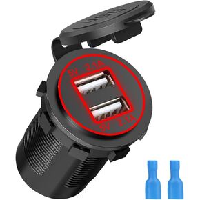 Linkstyle 12V USB Outlet, Dual 5V 2.1A Dual USB Charger Socket Power Outlet, Red LED, Waterproof, for Car RV Boat Marine