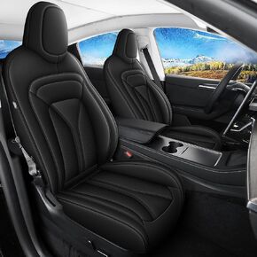 2 Front Seat Covers Custom Fit for Tesla Model Y 2024 2023 2022 2021 2020: Waterproof Leather Car Seat Covers (2 Seats, Black)