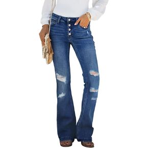 Sidefeel Women's Flare Jeans Ripped High Waisted Bell Bottom Bootcut Wide Leg Denim Pants Blue Size 12