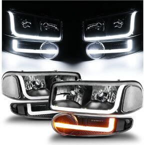 M-AUTO Switchback LED Tube DRL Black Headlights Assembly Compatible with 2001 GMC Sierra C3, 02-06 Sierra 1500 Denali, 07 Sierra 1500 Denali Classic, 01-06 Yukon Denali/Yukon Xl 1500 Denali in Kuwait