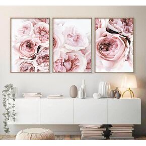 Peony Wall Art Pink Flower Canvas Wall Art Prints Peonies Wall Art Abstract Flower Pictures Wall Decor Peony Painting Flower Poster for Living Room Bedroom 16x24 Inch (set of 3) Unframed