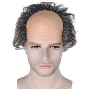 Gray Bald Wig Short Curly Old Man Wig Balding Mad Scientist Wig Synthetic Halloween Cosplay Costume Wig (Gray)