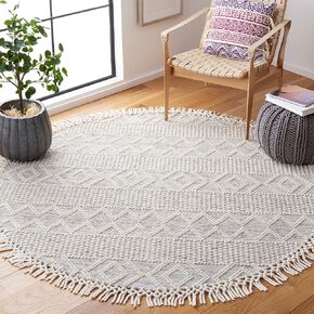 SAFAVIEH Vermont Collection Area Rug - 6' Round, Ivory & Blue, Handmade Wool & Cotton, Ideal for High Traffic Areas in Living Room, Bedroom (VRM251M)
