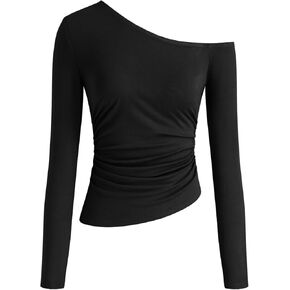 CIDER Women's Asymmetrical Neck Off The Shoulder Tops Ruched Long Sleeve Going Out Tops