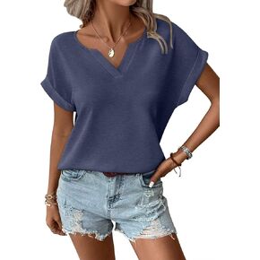 Women's Notched V Neck Batwing Sleeve T Shirts Summer Rolled Sleeve Tops Basic Loose Fit Short Sleeve Tees 2025