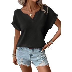 تي شيرت نسائي بياقة على شكل V وأكمام تشبه جناح الخفاش تي شيرت صيفي بأكمام ملفوفة تي شيرت أساسي فضفاض بأكمام قصيرة تي شيرت 2025 in Kuwait