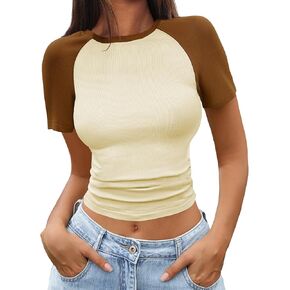 Women's Short Sleeve T Shirts Crewneck Color Block Ribbed Knit Slim Fit Casual Basic Crop Tops Summer Outfits