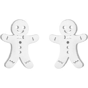 Minimalist Gingerbread Man Tiny Stud Earrings Stainless Steel Cute Cartoon Cartilage Piercing Small Studs Earring Fashion Christmas Festival Holiday Party Jewelry Gifts for Women Daughter Bff Xmas