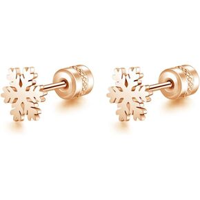 Hypoallergenic 20g Snowflake Screw Back Christmas Small Stud Earrings for Women Men Sensitive Ears Cubic Zirconia Winter Flower Double Side Earring Surgical Stainless Steel Piercing Sleeper Studs Fashion Jewelry