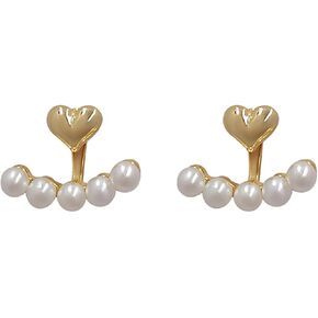 Boho Pearl Ear Jacket Earrings Gold Heart Studs Earrings Love Heart Earrings Retro Double Sided Studs Earrings Jewelry for Women