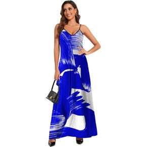 Women's Sexy Summer Sundress Maxi Dresses Plus Size Loose Butterfly Printed Colorful Adjustable African Dress with Pockets