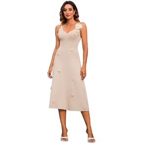 MakeMeChic Women's 3D Flower Backless Sweater Dress Sleeveless Slim Fit Flared Hem Midi Dresses