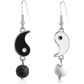Unique Black White Tai Chi Yinyang Stone Bff Couples Pendant Dangle Drop Earrings for Women Men Personalized Matching Puzzle Diagrams Best Friend Necklaces Gifts for Valentines Birthday