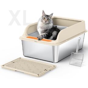 Stainless Steel Cat Litter Box, XL Litter Box for Big Cats 23.6" L x 15.7" W x 12" H, Extra Large Litter Box High Sided, Anti-Leakage, Non-Sticky, Easy Cleaning, Includes Scoop, Light Gray in Saudi Arabia