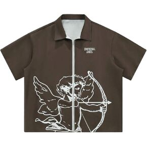 Men's Y2K Graphic Tees Letter Short Sleeve Collared Zip Up T-Shirts