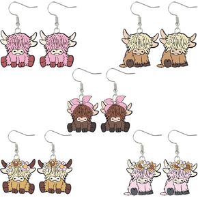 Whaline 5 Pairs Highland Cow Acrylic Earrings Cute Cow Dangle Earrings Decorative Drop Earrings for Women Girls Jewelry Party Gift Accessories Supplies