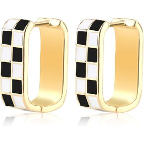 Checkered Earrings, Creative Black And White Checkered Oval Hoop Earrings Vintage Gold Hoop Earrings Interesting Earrings for Women