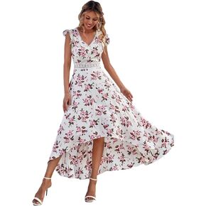 Floerns Women's All Over Print Deep V Neck Ruffle Hem Dress for Summer