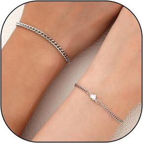 Dainty 2Pcs Silver Couple Bracelet Minimalistic Cuban Chain Crystal Heart Stainless Steel Bracelet Trendy Matching Jewelry Accessory Present for Women Men