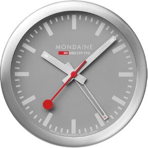 Mondaine A997MCAL86SBV Mini Wall Clock and Alarm Clock with Silver Aluminium Case Grey Dial Diameter 12.5 cm