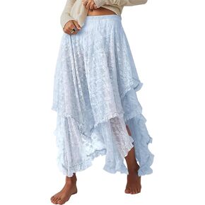 YKR Womens Lace Long Skirts Elastic Asymmetrical Layered Hem Sexy See-Through Flowy Skirts Floral Beach Maxi Skirt