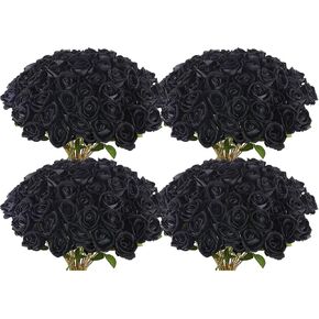 100 Pcs Artificial Black Rose Flower Realistic Faux Silk Roses Stem Fake Roses Bouquet for Flower Arrangement,Wedding,Party,Home Decor,Halloween Decorations (Black)
