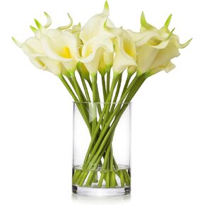 ENOVA FLORAL 20 Pieces Real Touch Lilies Artificial Flowers with Vase, Faux Calla Lily Flowers Arrangement with Faux Water in Glass Vase for Dining Table Decor, Wedding Centerpieces (White)