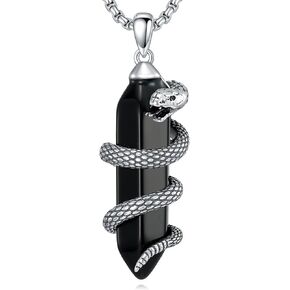 Snake Necklace with Black Obsidian 925 Sterling Silver Serpent Pendant Necklaces Jewelry for Men Women, w/Stainless Steel Chain 22''+2''