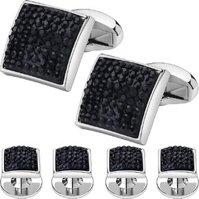 Men's Stainless Steel Black Crystal Silver Cufflinks and Studs Formal Set with Travel Presentation Gift Box - 5/8" cufflinks, 3/8" studs - Men's Wedding Party Groom Groomsmen Tuxedo Shirts Accessories