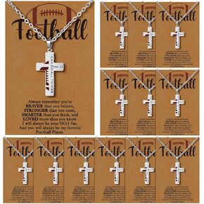 Kigeli 12 Pcs Football Cross Necklace Bulk Football Bracelets Team Gift with Inspirational Card for Men Bible Verse I Can Do All Things Stainless Steel Sport Pendant for Footbal Party Favor