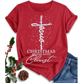 EUOW Christmas Shirts for Women Family Santa Graphic T Shirts Short Sleeve Funny Xmas Holiday Print Tee Tops