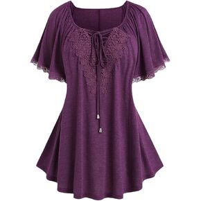 ROSE GAL Plus Size Lace Panel Lace-up Raglan Sleeves Tee