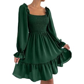Ekaliy Women's Puff Sleeves Smocked Dress Square Neck A Line Swing Ruffle Hem Flowy Babydoll Dress