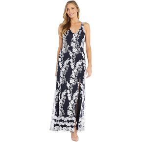 Long Sleeveless Dress W/Floral Embroidery & Side Slit