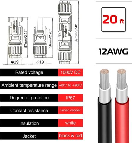 KEDAKEJI 20FT 10AWG Solar Extension Cable with Female and Male Connector Solar Panel Wire Adaptor for Home, Ship and RV Solar Panels (20FT Red + 20FT Black) in Saudi Arabia